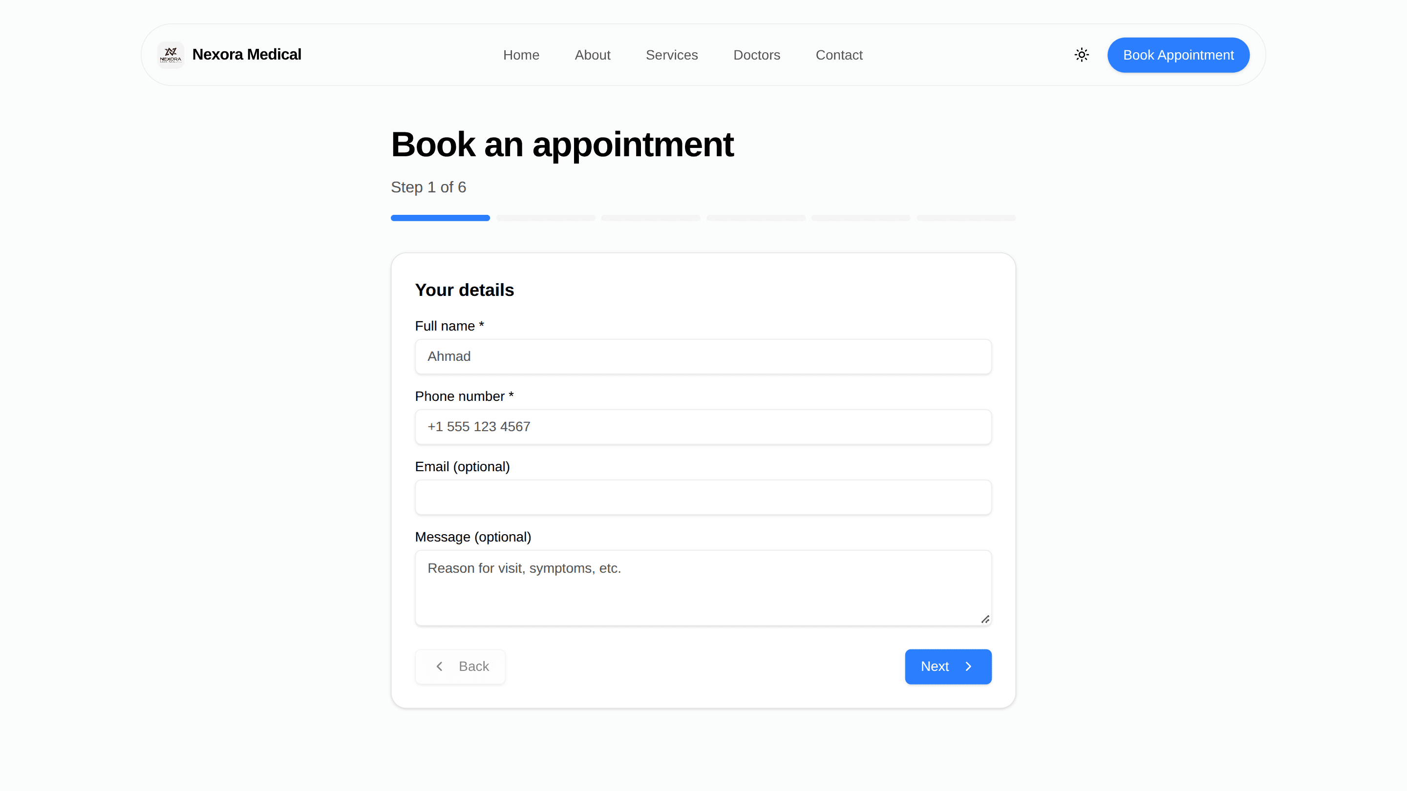 Public appointment booking page on Nexora Clinic