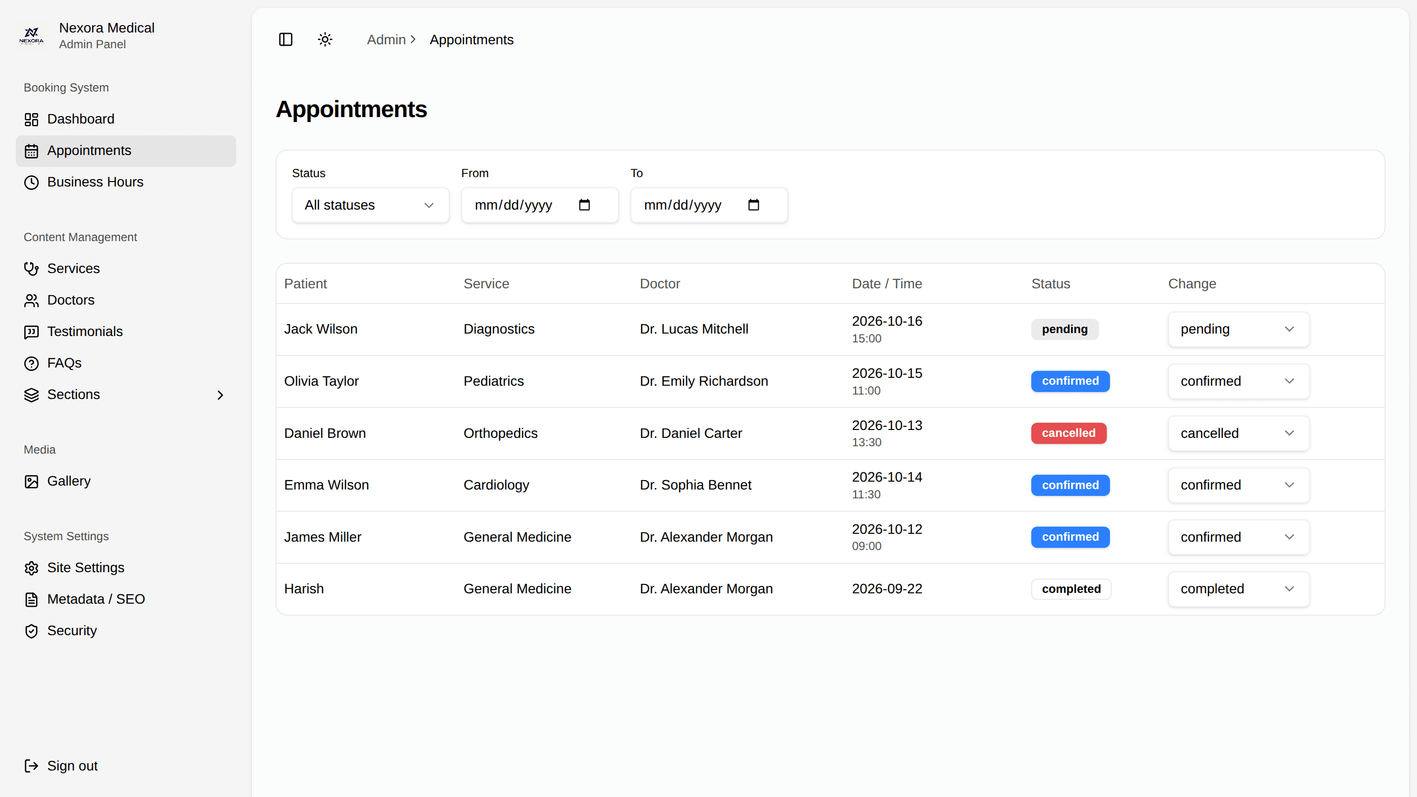 Appointments management page in the Nexora Clinic admin panel