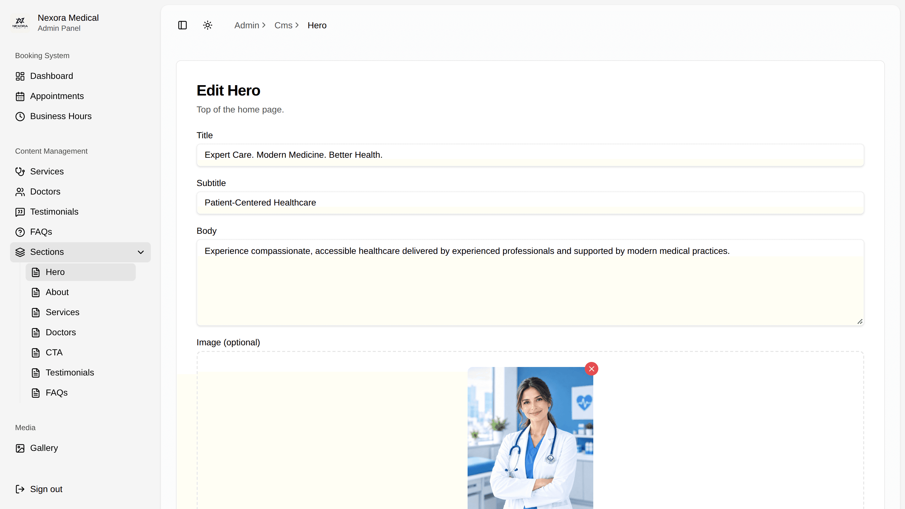 Edit hero section page in the Nexora Clinic CMS