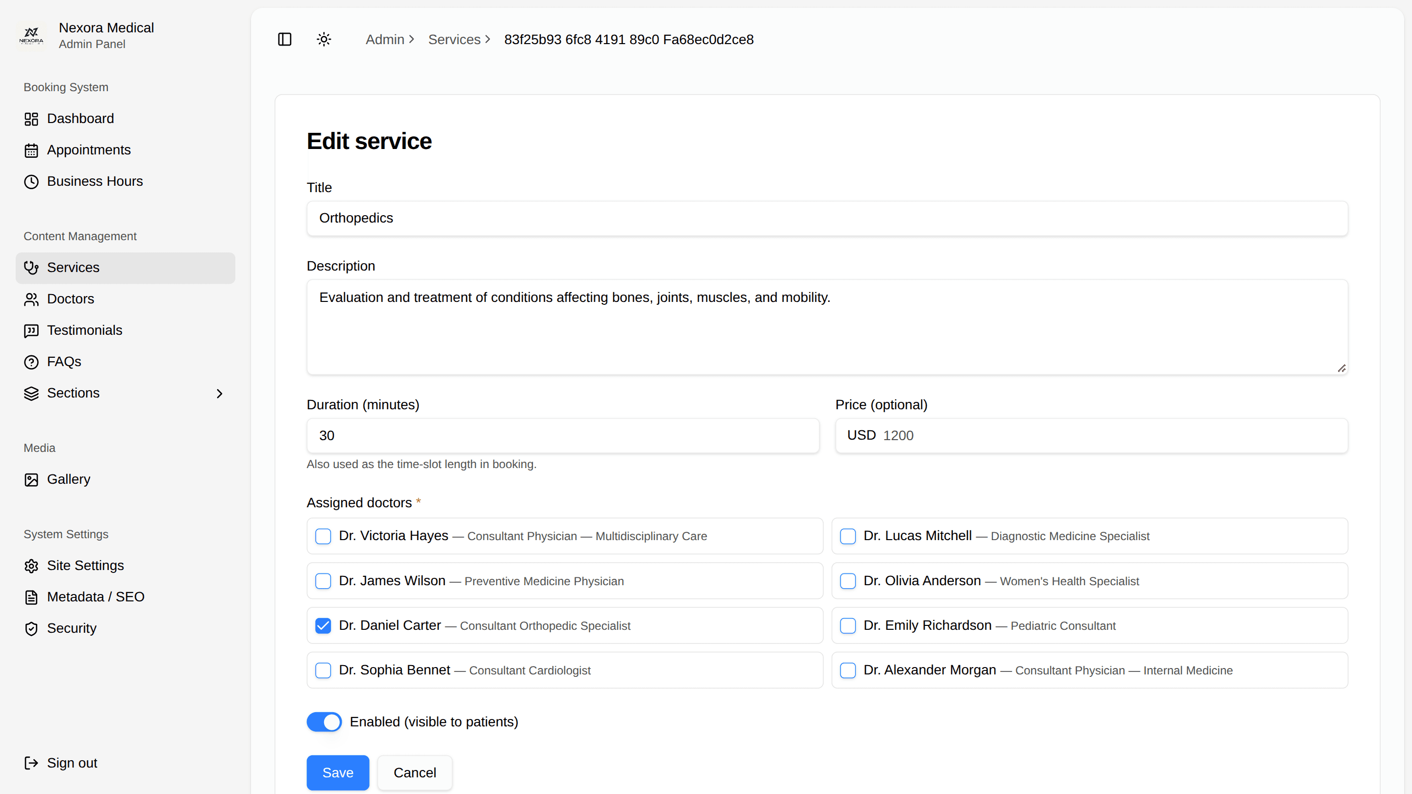 Edit service page in the Nexora Clinic admin panel