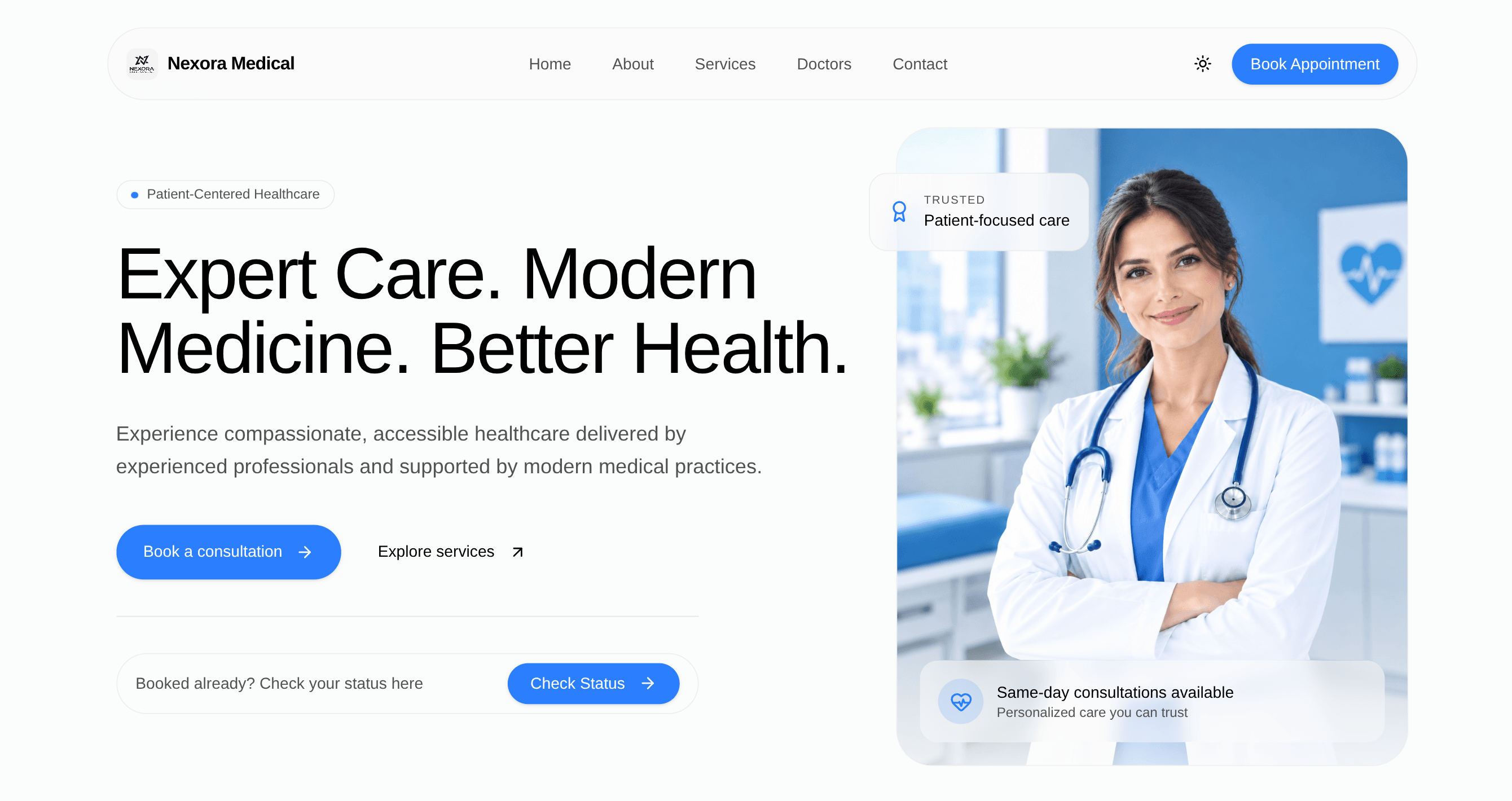 Nexora clinic website preview with navigation, care information, and a doctor